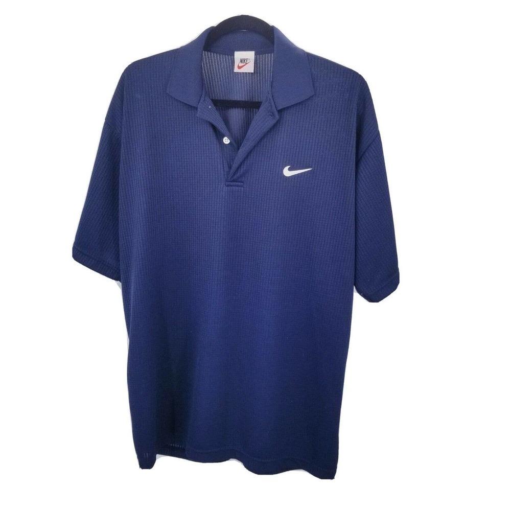 Vintage Nike XL Polo mens blue waffle knit weave short sleeve logo collared flaw